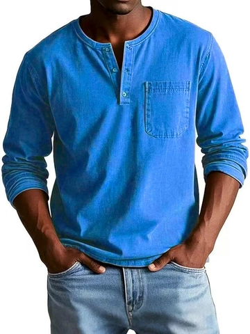 Men's Casual Long Sleeve Henley T-Shirt Slim Fit Breathable Solid Color Pullover Top With Pocket For Autumn Winter