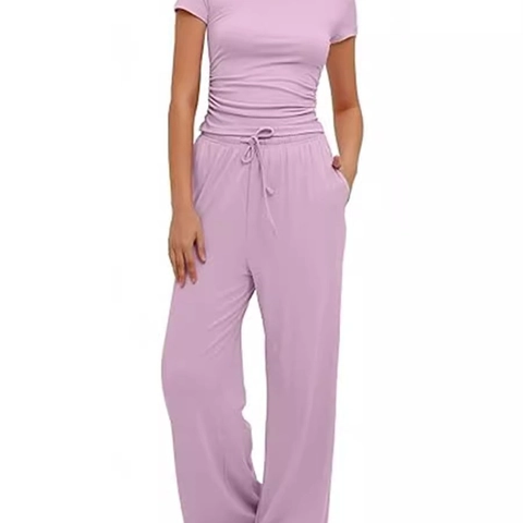 Women Summer Top And Pants Ruched Short Sleeve T-Shirt And Wide Leg Drawstring Trousers Streetwear Polyester Spandex Outfit