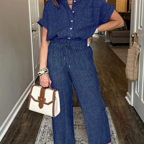 Tenue de Deux Parties pour Femmes en Polyester à Rayures Avec Chemise à Manches Courtes et Pantalon Large à Cordon