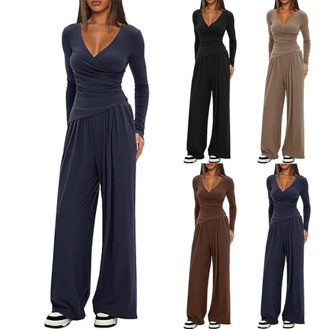 Women Casual Top And Bottom Wrap V-Neck Long Sleeve Top And Wide Leg Pants Solid Color Polyester Ruched Loungewear Outfit