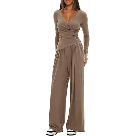 Women Casual Top And Bottom Wrap V-Neck Long Sleeve Top And Wide Leg Pants Solid Color Polyester Ruched Loungewear Outfit