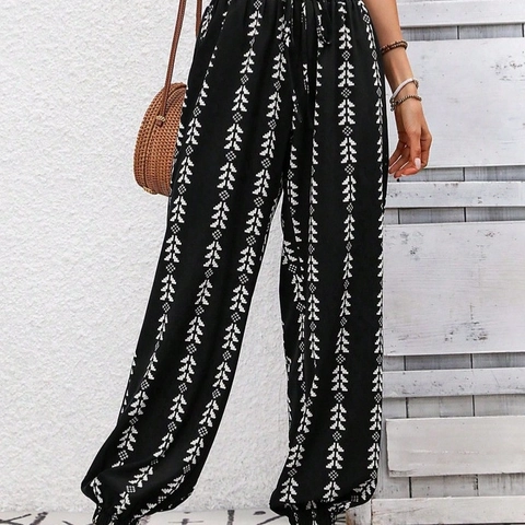 Women Bohemian Geometric Print Harem Pants High Smocked Waist Drawstring Tapered Leg Casual Beach Vacation Trousers For Women