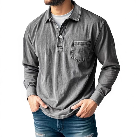 Polo da Uomo a Maniche Lunghe in Cotone Lavato Vintage Top alla Moda Casual a Tinta Unita Con Tasca sul Petto per Abbigliamento Quotidiano