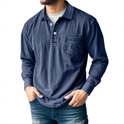 Polo da Uomo a Maniche Lunghe in Cotone Lavato Vintage Top alla Moda Casual a Tinta Unita Con Tasca sul Petto per Abbigliamento Quotidiano