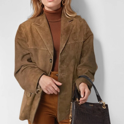 Damen Vintage Wildlederimitat Blazer Jacke Einfarbig Revers Langarm Lässig Lose Einreihig Anzug Mantel Mit Taschen