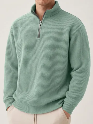 Sweat-shirt pour Homme Décontracté en Maille Gauffrée avec Quart de Fermeture Éclair Manches Longues Couleur Unie Coupe Large Top Mode
