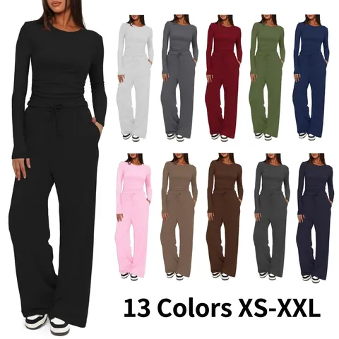 Women's Two Piece Lounge Outfit Long Sleeve Slim Top And Drawstring Wide Leg Pants Casual Home Wear Rib Knit Clothing