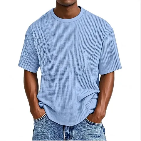 Men's Casual Short Sleeve T-Shirt Summer Loose Crew Neck Waffle Textured Pullover Basic Daily Top