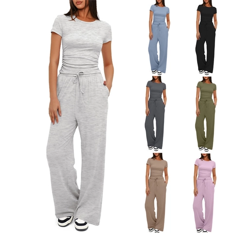 Donna Top And Bottom Completo Casual in Poliestere Maglietta Plissettata a Maniche Corte con Scollo a Giro e Pantaloni a Gamba Larga