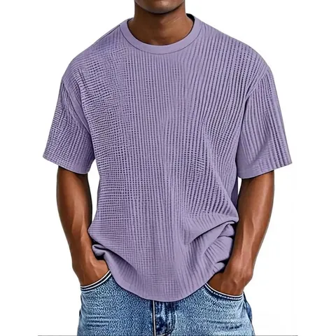 Men's Casual Short Sleeve T-Shirt Summer Loose Crew Neck Waffle Textured Pullover Basic Daily Top