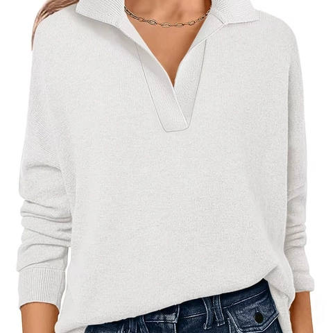Camisa Polo de Punto Casual para Mujer con Cuello en V Manga Larga Color Sólido Jersey de Poliéster para Uso Diario Cómodo