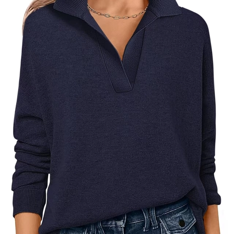 Camisa Polo de Punto Casual para Mujer con Cuello en V Manga Larga Color Sólido Jersey de Poliéster para Uso Diario Cómodo