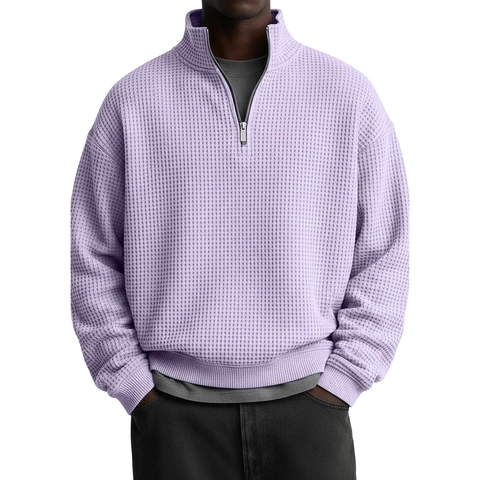 Men Casual Waffle Knit Sweatshirt Half Zip Stand Collar Long Sleeve Pullover Loose Fit Solid Color Polyester Top Ribbed Trim