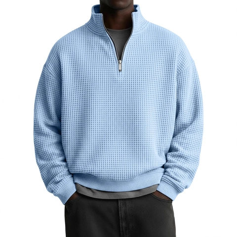 Men Casual Waffle Knit Sweatshirt Half Zip Stand Collar Long Sleeve Pullover Loose Fit Solid Color Polyester Top Ribbed Trim