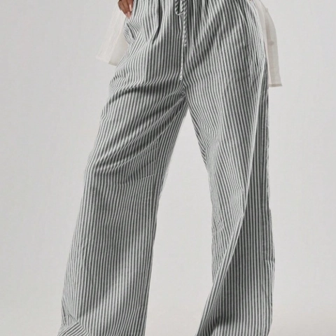 Pantaloni da Donna Casual a Righe Verticali a Gamba Larga Vita Alta Elastica Coulisse Pantaloni Lunghi Dritti Con Tasche