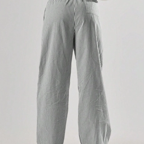 Pantaloni da Donna Casual a Righe Verticali a Gamba Larga Vita Alta Elastica Coulisse Pantaloni Lunghi Dritti Con Tasche