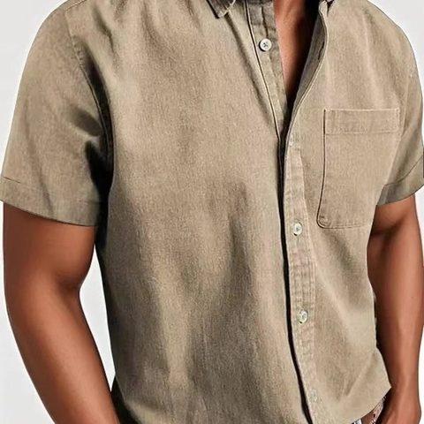 Camisa Casual de Mezcla de Algodón para Hombre Manga Corta Con Bolsillo Solapa Abotonada Top de Verano Color Sólido