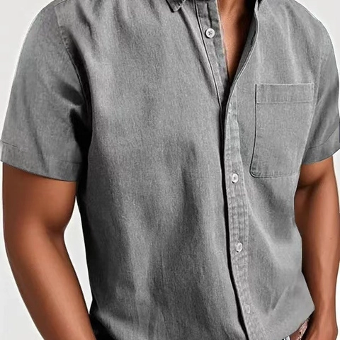 Camisa Casual de Mezcla de Algodón para Hombre Manga Corta Con Bolsillo Solapa Abotonada Top de Verano Color Sólido
