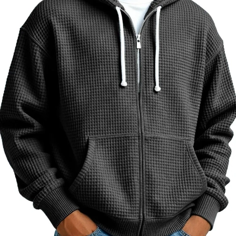 Sudadera con Capucha Hombre de Punto Gofre con Cremallera Casual Color Sólido Con Bolsillos Manga Larga Holgada Top Moda Urbana