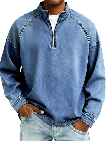 Felpa da Uomo Vintage Effetto Denim Collo in Piedi 1/4 Cerniera Pesante Lavata Top Casual per Uomo Smart Casual Felpa Quotidiana