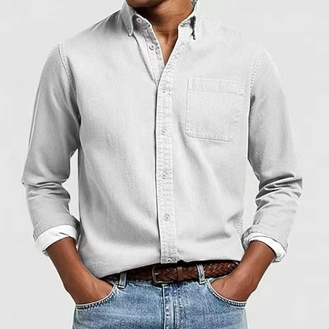Camicia da Uomo Casual a Maniche Lunghe in Poliestere Con Taschino Tinta Unita Collo a Revers Smart Casual Top da Uomo
