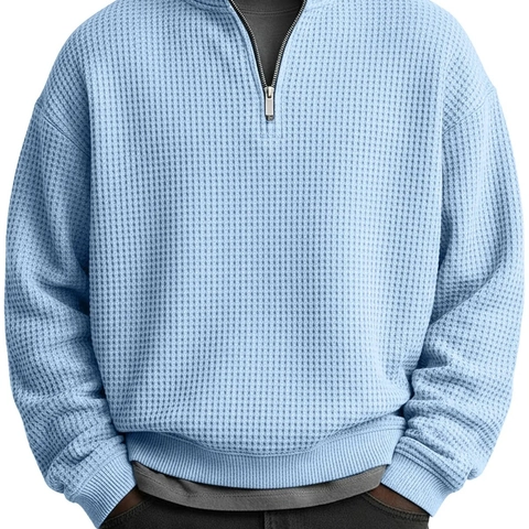Herren Waffelstrick Sweatshirt 1/4 Reißverschluss Stehkragen Langarm Pullover Casual Lockere Passform Einfarbig Herbst Mode Oberteile