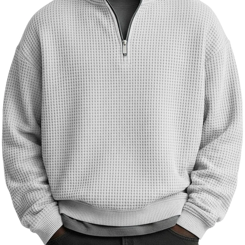 Herren Waffelstrick Sweatshirt 1/4 Reißverschluss Stehkragen Langarm Pullover Casual Lockere Passform Einfarbig Herbst Mode Oberteile