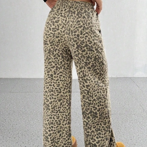 Pantaloni a Gamba Larga da Donna con Stampa Leopardata Vita Alta Coulisse Larghi in Misto Poliestere Elastan Casual Streetwear Pantaloni Lunghi alla Moda Autunno Primavera