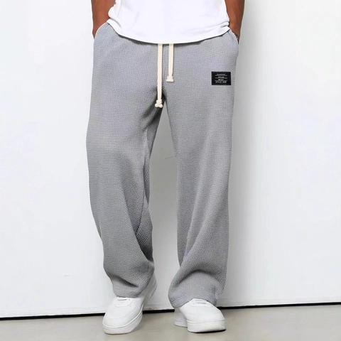 Men Casual Waffle Texture Straight Leg Pants Loose Fit Drawstring Waist Solid Color Sweatpants Sporty Streetwear Trousers