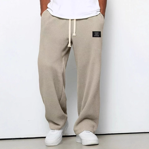 Men Casual Waffle Texture Straight Leg Pants Loose Fit Drawstring Waist Solid Color Sweatpants Sporty Streetwear Trousers
