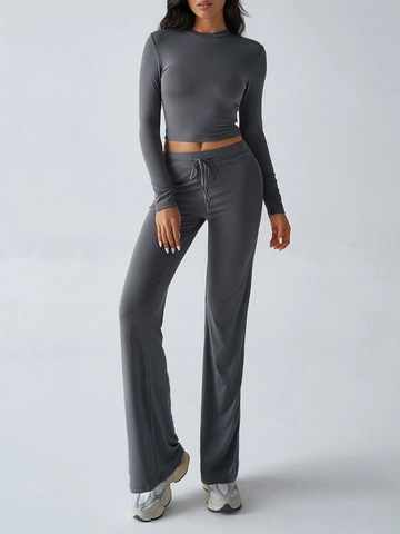Women Athleisure Long Sleeve Crop Top And Straight Leg Pants Casual Yoga Sports Top And Bottom Polyester Ribbed Knit Lounge Set