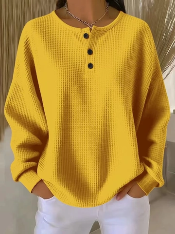 Women Waffle Knit Long Sleeve Henley Top Casual Solid Color Round Neck Loose Fit Pullover Sweatshirt Street Fashion Clothing