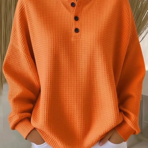 Maglia Henley da Donna Casual in Maglia a Nido d'Ape Scollo Rotondo Bottoni Manica Lunga Tinta Unita Pullover Top