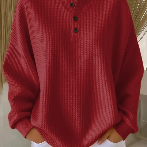 Maglia Henley da Donna Casual in Maglia a Nido d'Ape Scollo Rotondo Bottoni Manica Lunga Tinta Unita Pullover Top