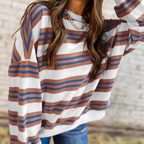 Γυναικείο Casual Ριγέ Μακρυμάνικο T-Shirt Χαλαρή Στρογγυλή Λαιμόκοψη Πολυεστέρας Top Color Block Lazy Style Πλεκτή Μπλούζα