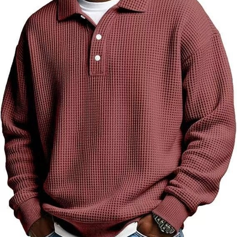 Heren Casual Wafelgebreid Poloshirt Lange Mouw Los Polyester Pullover Revers Knoop Top Voor Heren Herfst Winter