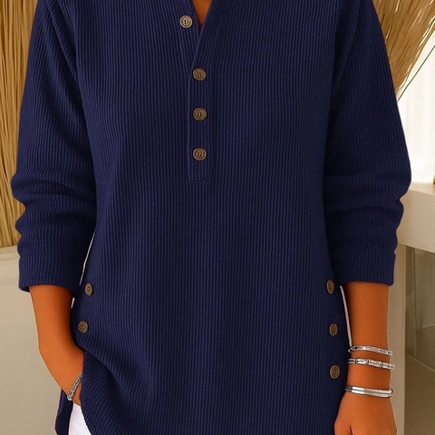 Camiseta Casual de Manga Larga para Mujer de Punto Gofre Acanalado Cuello Henley Botones Color Sólido Top Elegante para Otoño Invierno