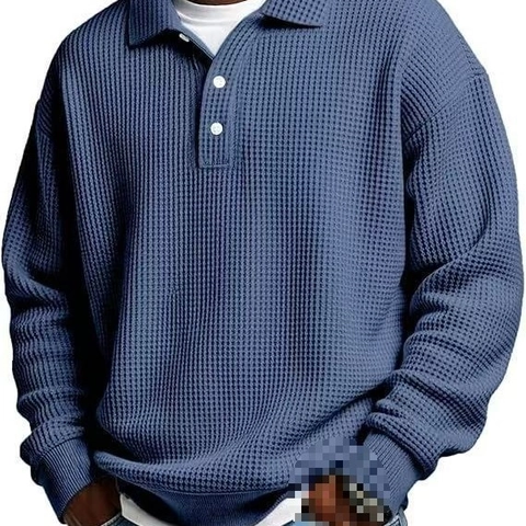 Heren Casual Wafelgebreid Poloshirt Lange Mouw Los Polyester Pullover Revers Knoop Top Voor Heren Herfst Winter