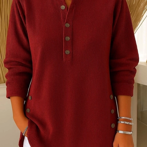 Camiseta Casual de Manga Larga para Mujer de Punto Gofre Acanalado Cuello Henley Botones Color Sólido Top Elegante para Otoño Invierno
