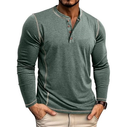Maglietta Henley a Manica Lunga da Uomo Misto Cotone Cuciture a Contrasto Slim Fit Traspirante Casual per Autunno Inverno