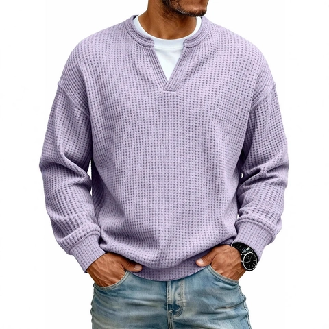 Herren Casual Waffelstrick Langarm T-Shirt Eingekerbter V-Ausschnitt Top Streetwear Lockerer Vintage Pullover Einfarbig Herrenbekleidung