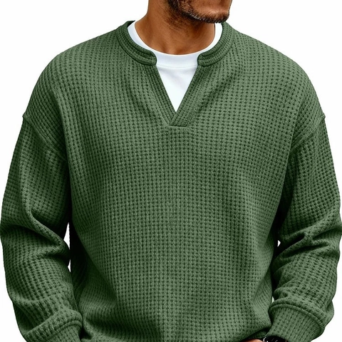 Herren Casual Waffelstrick Langarm T-Shirt Eingekerbter V-Ausschnitt Top Streetwear Lockerer Vintage Pullover Einfarbig Herrenbekleidung