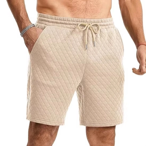 Men Quilted Shorts Diamond Grid Texture Drawstring Waist Polyester Casual Loose Fit Summer Daily Sports Bottoms For Men