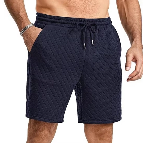 Men Quilted Shorts Diamond Grid Texture Drawstring Waist Polyester Casual Loose Fit Summer Daily Sports Bottoms For Men