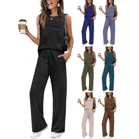Women Sleeveless Round Neck Pleated Top And Bottom Casual Solid Color Wide Leg Pants With Pockets Two Piece Lounge Outfit