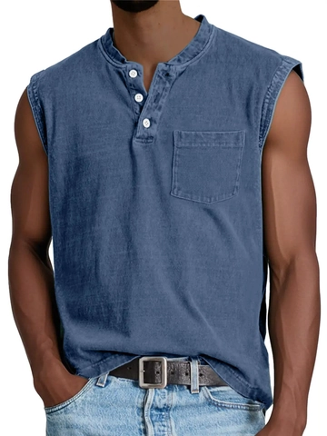 Men Sleeveless Henley Shirt Washed Cotton Muscle Tank Top With Pocket Button Summer Loose Casual Gym Vest