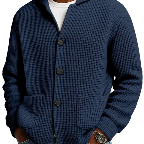 Men Casual Waffle Knit Cardigan Jacket Lapel Single Breasted Button Down Sweater With Pockets Long Sleeve Loose Fit Outwear For Autumn Winter Urban Stylish Solid Color Tops
