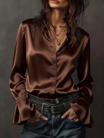 Elegante Blusa de Satén con Cuello de Volantes Para Mujer Color Sólido Manga Acampanada Larga Botón Casual Top