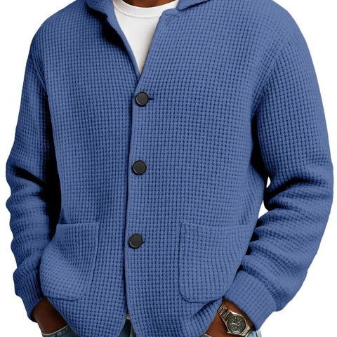 Men Casual Waffle Knit Cardigan Jacket Lapel Single Breasted Button Down Sweater With Pockets Long Sleeve Loose Fit Outwear For Autumn Winter Urban Stylish Solid Color Tops