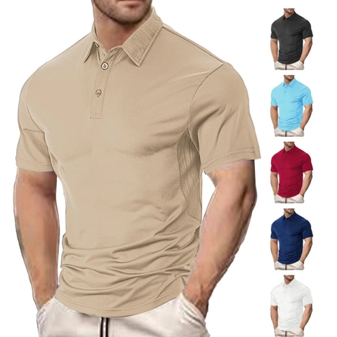 Men's Short Sleeve Polo Shirt Polyester Breathable Solid Color Lapel Button Down Casual Sporty Plain Tops